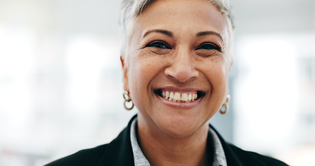 Image showing Senior woman, business ceo closeup and laughing face in a office with consultant manager confidence. Funny, comedy and happy professional employee at a company job at consultation agency with smile