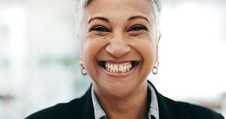 Image showing Senior woman, business ceo closeup and laughing face in a office with consultant manager confidence. Funny, comedy and happy professional employee at a company job at consultation agency with smile