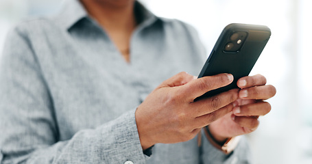 Image showing Business woman, hands and typing with smartphone for social network, mobile website and internet contact. Closeup, employee and scroll on cellphone, reading corporate news app and search information