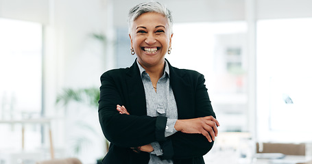 Image showing Senior woman, business ceo and laughing boss face in a office with consultant manager confidence. Funny, comedy and happy professional employee at a company with job at consultation agency with smile