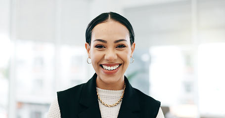 Image showing Happy, Accountant and portrait of business woman in an finance agency, startup or company office with growth. Development, laughing and young employee confident as a corporate manager at workplace