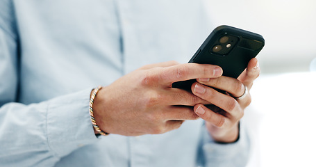 Image showing Business woman, hands and typing with smartphone for social network, mobile website and internet contact. Closeup, employee and scroll on cellphone, reading corporate news app and search information