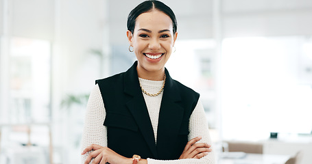 Image showing Happy, Accountant and portrait of business woman in an finance agency, startup or company office with growth. Development, laughing and young employee confident as a corporate manager at workplace