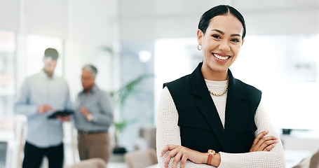 Image showing Leader, smile and portrait of business woman in an finance agency, startup or company office with growth. Development, laughing and young accountant confident as a corporate manager at workplace