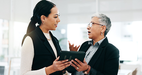 Image showing Business people, talking or women with a tablet, teamwork or cooperation with collaboration, budget planning or stock market. Staff, manager or employee with tech, productivity, investment or trading