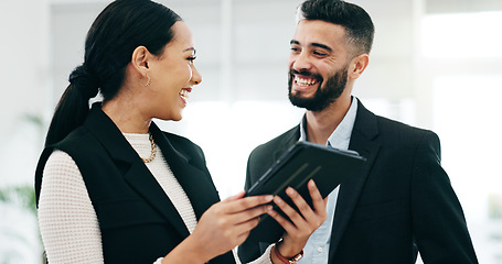 Image showing Teamwork, tablet and business people in office for advice, project management and planning review. Man, woman and happy corporate employees with digital technology for feedback, collaboration or talk