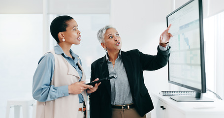 Image showing Women, team and computer screen or tablet for spreadsheet, business calendar or project timeline management. Professional manager or people on digital technology for marketing strategy and solution