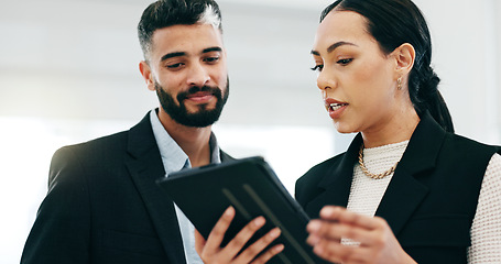 Image showing Business people, tablet and talking in office for advice, project management and planning review. Man, woman and corporate employees with digital technology for feedback, team collaboration and info