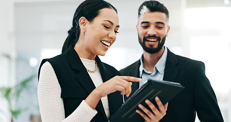 Image showing Teamwork, tablet and business people in office for advice, project management and planning review. Man, woman and happy corporate employees with digital technology for feedback, collaboration or talk