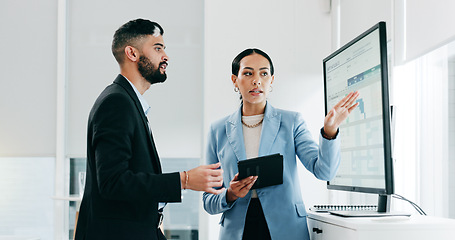 Image showing Data, presentation and business people with tablet in the office for project statistics planning, Discussion, technology and financial advisors analyzing finance graphs in collaboration at workplace.