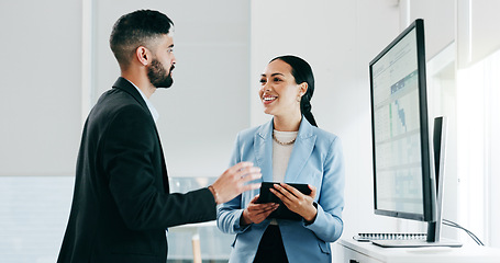 Image showing Data, presentation and business people with tablet in the office for project statistics planning, Discussion, technology and financial advisors analyzing finance graphs in collaboration at workplace.