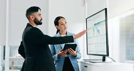 Image showing Data, presentation and business people with tablet in the office for project statistics planning, Discussion, technology and financial advisors analyzing finance graphs in collaboration at workplace.