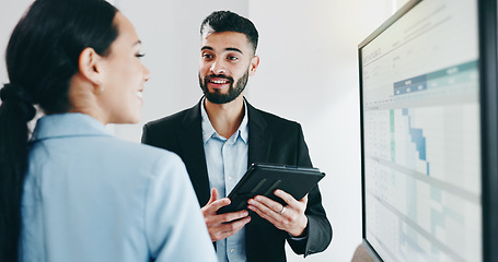 Image showing Discussion, presentation and business people with data in office for project statistics planning. Analytics, technology and financial advisors analyzing finance graphs in collaboration at workplace.