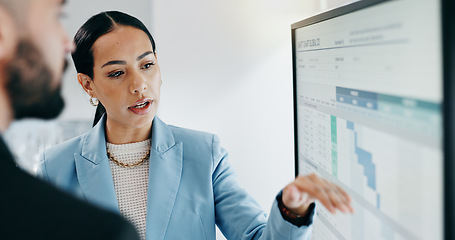 Image showing Data, presentation and business people with tablet in the office for project statistics planning, Discussion, technology and financial advisors analyzing finance graphs in collaboration at workplace.