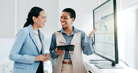 Image showing Data, meeting and women with tablet in the office for project statistics or graphs planning. Discussion, technology and financial advisors analyzing finance charts in collaboration at workplace.