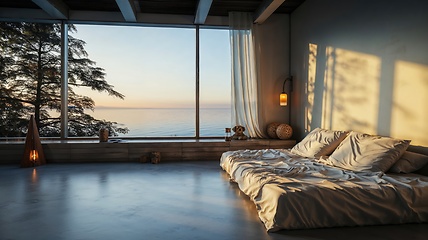 Image showing Cozy Modern Bedroom with Ocean View at Sunset