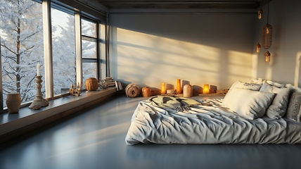 Image showing Cozy Winter Bedroom with Warm Candles and Snow View