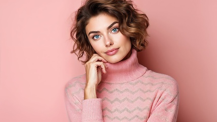 Image showing Elegant Woman in Pink Sweater on Pastel Background