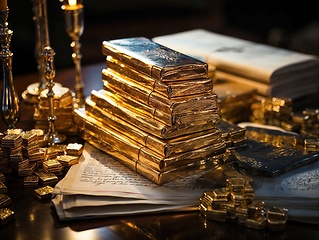 Image showing Vintage Books and Gold Nuggets on Antique Desk