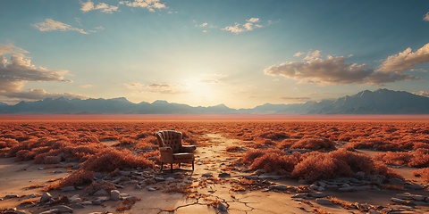 Image showing Vintage Armchair in a Deserted Landscape at Sunset