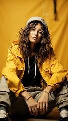 Image showing Stylish Woman in Casual Fashion Against Yellow Background