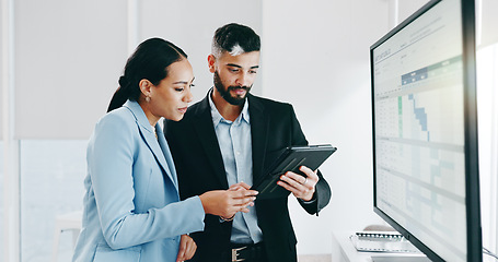 Image showing Data, presentation and business people with tablet in the office for project statistics planning, Discussion, technology and financial advisors analyzing finance graphs in collaboration at workplace.