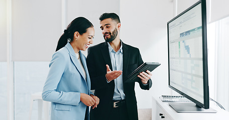 Image showing Data, presentation and business people with tablet in the office for project statistics planning, Discussion, technology and financial advisors analyzing finance graphs in collaboration at workplace.