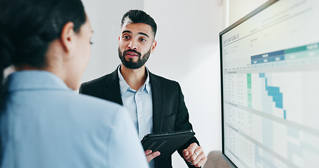 Image showing Discussion, presentation and business people with data in office for project statistics planning. Analytics, technology and financial advisors analyzing finance graphs in collaboration at workplace.