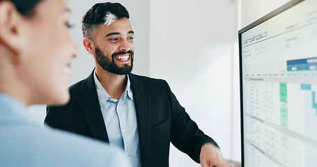 Image showing Discussion, presentation and business people with data in office for project statistics planning. Analytics, technology and financial advisors analyzing finance graphs in collaboration at workplace.