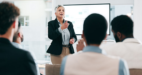 Image showing Business people, feedback and woman with presentation, seminar and questions with partnership, corporate training and discussion. Presenter, speaker and audience in a workshop, learning and crowd