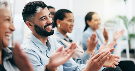 Image showing Happy business people, man and group with applause in seminar, tradeshow and achievement of success. Face, employees and crowd clapping to celebrate workshop, praise and winning award at conference