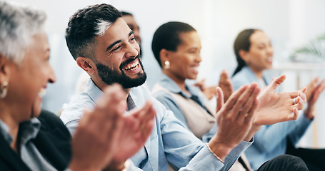 Image showing Happy business people, man and group with applause in seminar, tradeshow and achievement of success. Face, employees and crowd clapping to celebrate workshop, praise and winning award at conference