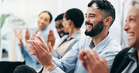 Image showing Happy business people, man and group with applause in seminar, tradeshow and achievement of success. Face, employees and crowd clapping to celebrate workshop, praise and winning award at conference