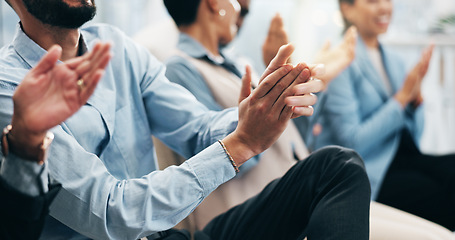 Image showing Business people, hands and team applause in conference, tradeshow and achievement of success. Closeup of employees, audience and clapping in celebration, praise or winning award at seminar convention