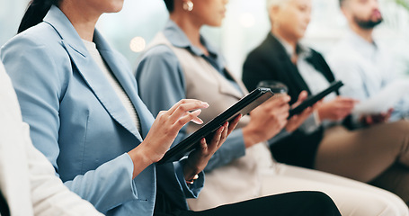 Image showing Conference, hands and audience on tablet for workshop, presentation and employee success with team in office. Business people, digital tech and corporate training for learning convention and seminar