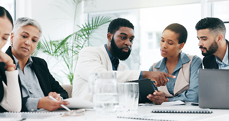 Image showing Meeting, tablet and business people in office for discussion, marketing strategy and proposal. Corporate, collaboration and men and women planning, brainstorming ideas and working on digital tech