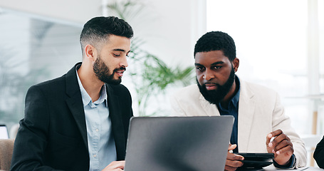 Image showing Teamwork, laptop and business people in office for advice, project management or planning online analysis. Men, diversity and corporate employees at computer for feedback, collaboration or discussion