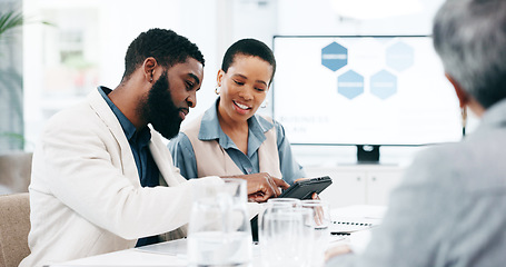 Image showing Meeting, tablet and business people in office for presentation, kpi analytics and project ideas. Corporate, collaboration and men and women talking, brainstorming solution and working on digital tech