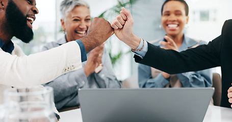 Image showing Business people, team applause and fist bump in celebration of achievement, goal or success. Clapping, excited and group happy, hands together and congratulations to bonus promotion winner in office