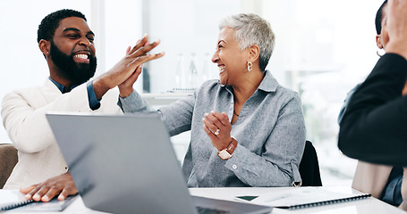 Image showing Business people, team applause and high five in celebration of achievement, goal or success. Clapping, excited and group happy, victory target and congratulations to bonus promotion winner in office