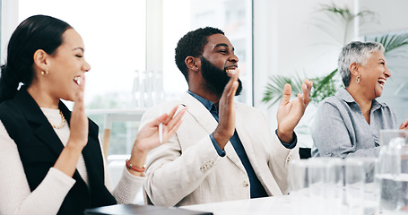 Image showing Business people, team applause and high five in celebration of achievement, goal or success. Clapping, excited and group happy, victory target and congratulations to bonus promotion winner in office