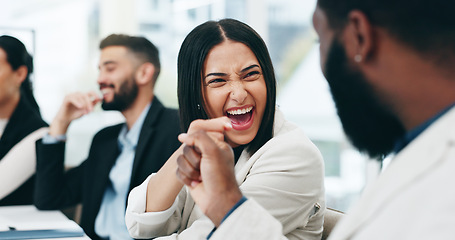 Image showing Business people, meeting and man with woman, fist bump and achievement with success, cooperation and teamwork. Staff, teamwork and group with gesture, collaboration and partnership with celebration