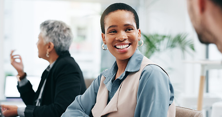Image showing Business, black woman and talking to team in office for discussion, communication or conversation. Happy corporate employee, collaboration and meeting for feedback, planning project or chat boardroom
