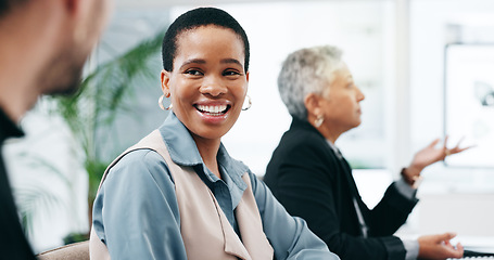 Image showing Business, black woman and talking to team in office for discussion, communication or conversation. Happy corporate employee, collaboration and meeting for feedback, planning project or chat boardroom