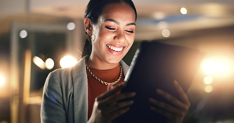 Image showing Business, woman and tablet at night in office for planning research, online report and internet information. Happy employee working late on digital technology for social network, website data and app