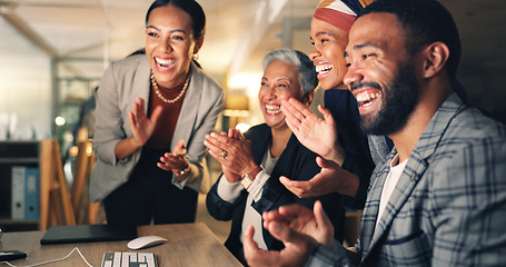 Image showing Business people, applause and computer with collaboration, celebration and web design planning. Working, company win and project success of management group with motivation and cheer for online job