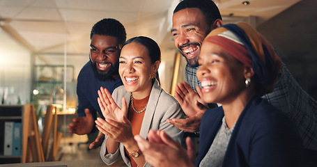 Image showing Business people, celebration and computer with collaboration, applause and web design growth. Working, company win and project success of management group with motivation and cheer for teamwork