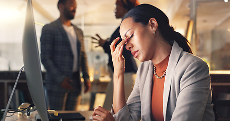 Image showing Night, neck pain and business woman tired working on computer in a corporate company office with burnout. Overworked, frustrated and employee with stress for mistake, risk or fail on overtime project