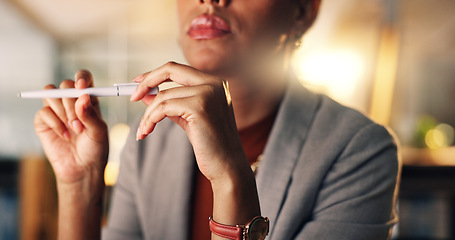 Image showing Night, thinking and business woman with pen in office, working on project deadline, agenda and planning. Professional, idea and hands of worker for solution, problem solving and brainstorming in dark