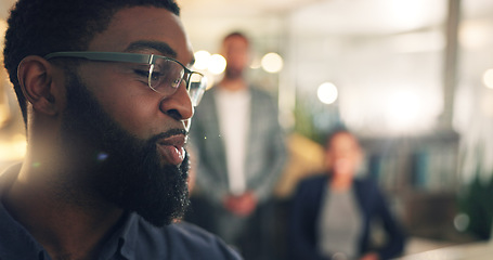 Image showing Business man, presentation and leader talking in meeting in an office for training or ideas. African person explaining strategy, planning or pitch with team, applause and celebration for success